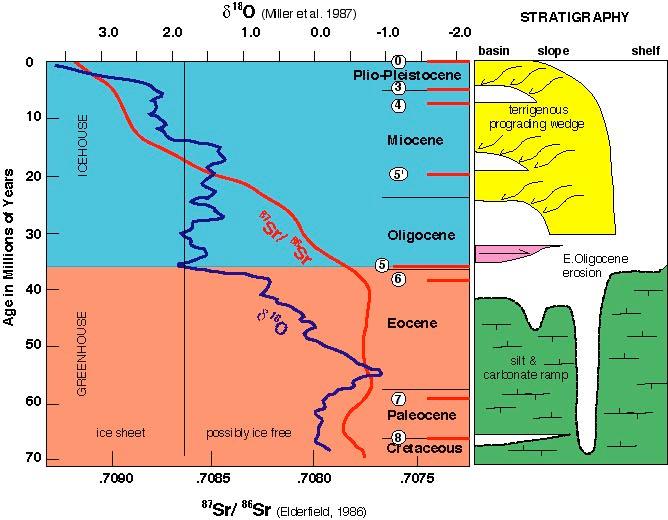 Stratigraphic record of global climate change " 18 O increase = cooling of oceans Radiogenic strotium isotope increase = signature of terrigenous flux to