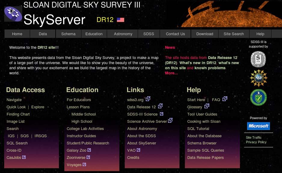Fig. 2 The SDSS DR12 homepage. This homepage has a rich collection of tools allowing you many different views on the same galaxies, objects or data.