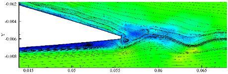 Figure 4 shows the time-averaged streamlines near the saw tooth serrations, with background colored with the magnitude of the local velocity.