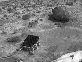 Image 13 Scale: Rover is 65 cm long, 48 cm wide, and 30 cm tall. This image was taken on Pathfinder s third day.
