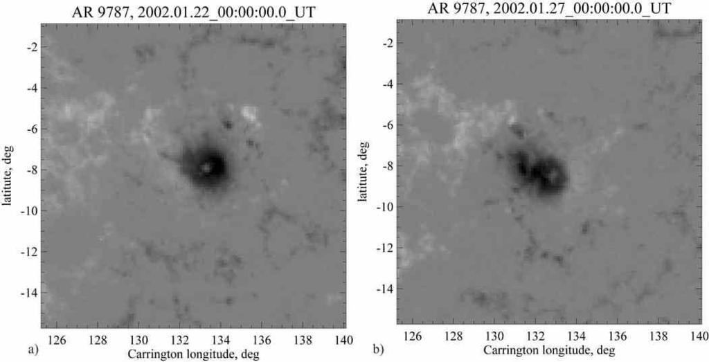 Figure 1. SOHO/MDI magnetogram of a 15-degree area around the leading sunspot of AR 9787, at two location approximately (a) 30 degrees West, and (b) 30 degrees East of the central meridian.