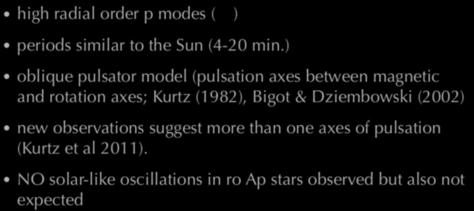 rapidly oscillating Ap (roap) stars high radial order p modes ( ) periods similar to the Sun (4-20 min.