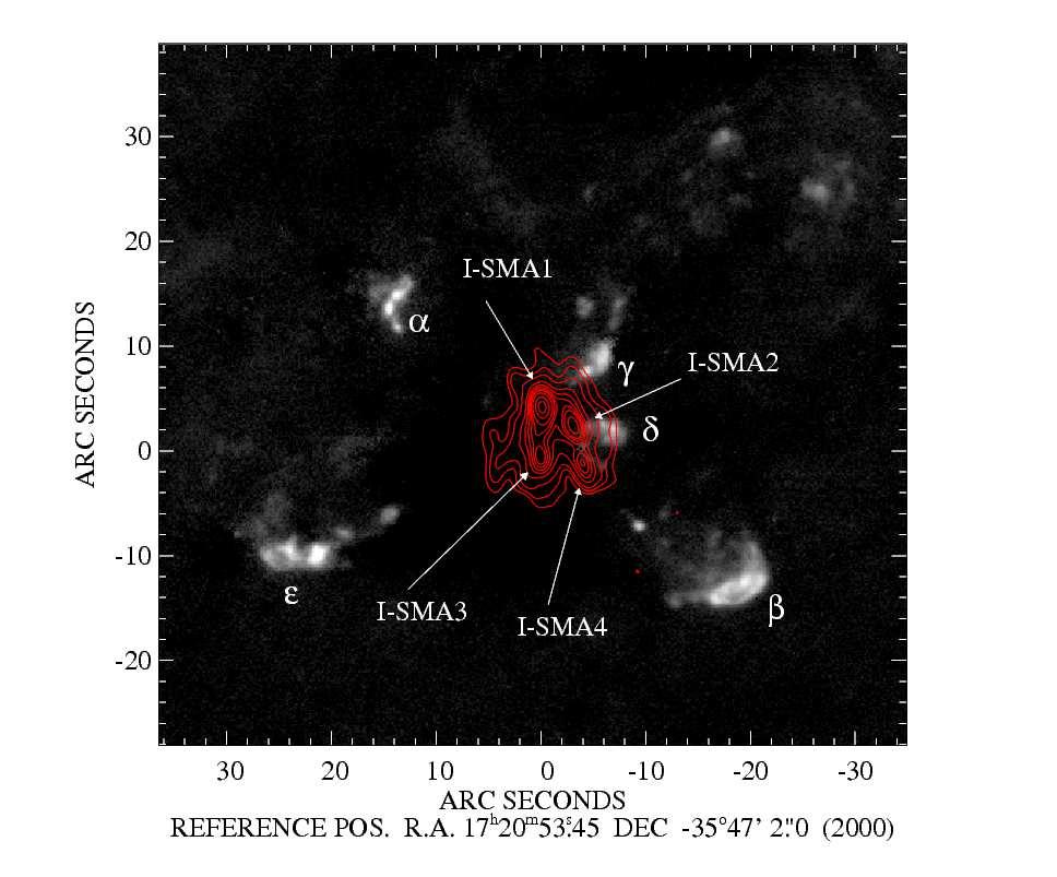 Figure 3. The composite, obtained by subtracting the VLT/ISAAC 2.17µm image from the 2.12µm image (see Fig. 2), shows five H 2 knots in the immediate vicinity of NGC6334I.