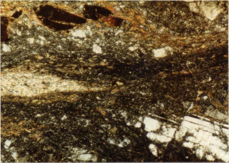 Figure 4.27 Both sinistrally and dextrally displaced broken grains from a dextral shear zone.