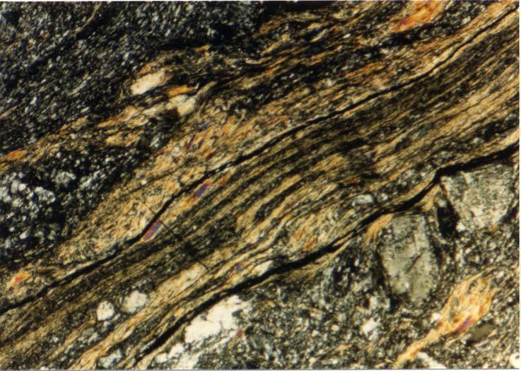 Figure 4.19 Typical fine grained amphibole- and plagioclase-rich zones, with some porphyroclasts.