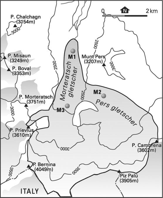 GLACIER MASS BALANCE MODELLING 233 Figure 1. Morteratschgletscher (17 km 2 ). Outlines of the glacier are indicated, as are the locations of the weather stations (M1, M2 and M3) 2.