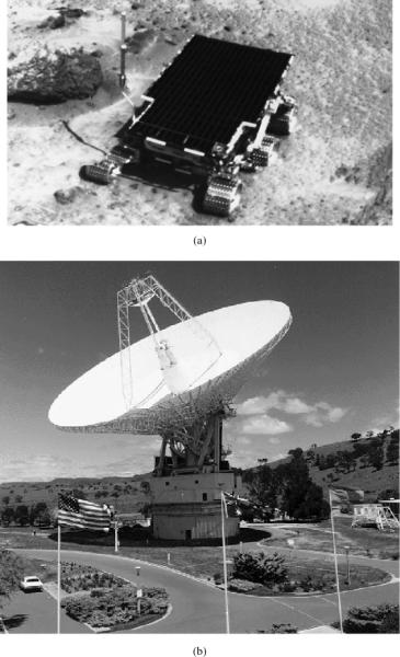 Figure 1.3 (p. 5) (a) Snapshot of Pathfinder exploring the surface of Mars. (b) The 70-meter (230- foot) diameter antenna located at Canberra, Australia.