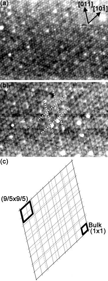 The white arrow points to a small region of (4 4) reconstruction sitting within the majority (3 3) surface (image size 67 67 nm 2, sample bias 2.0 V, tunneling current 0.4 na).