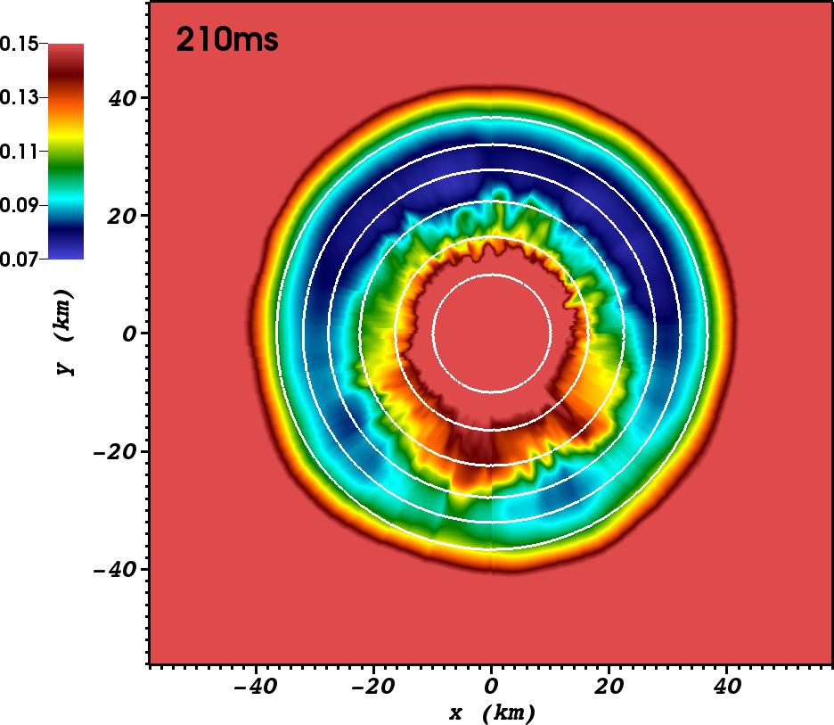 PNS convection is clearly visible, with stronger activity in the hemisphere of maximal lepton-number flux (bottom direction). Distribution of the electron fraction in the the 11.2 Msun progenitor.