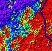Kandia Prospect Bisakan Prospect 10 Km Kandia workings on radiometric image showing granitic rocks (red) in contact with NE trending Birimian