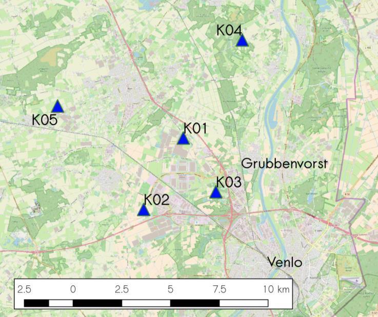Figure 1: Location of the local stations K01, K02, K03, K04 and K05. All stations are northwest of the city Venlo and west of the river Maas.
