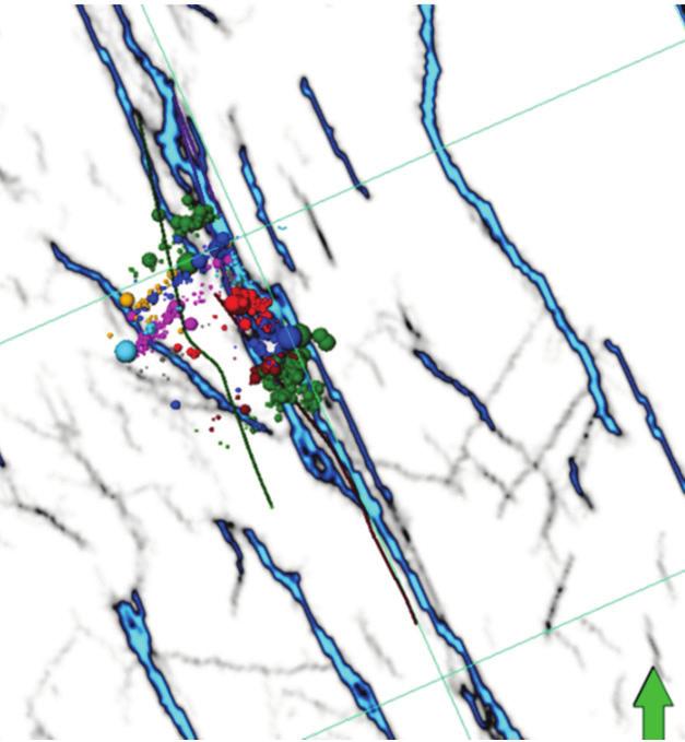 Penny shaped crack model for pre-rupture faults FIG. 2. Microseismic events overlaid on a fault attribute map extracted below the reservoir level.
