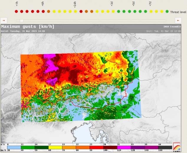 Case studies Storm Niklas March 30 April 2 2015 Nowcasting: Ensemble-INCA 1km resolution, 12h forecasting range, 15min update interval.
