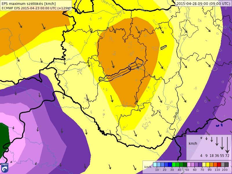 A severe windstorm over Hungary 6 days before the event (Tuesday, 28 April 2015) Maximum gust (can exceed 90 km/h) ECMWF-EPS: Somogy