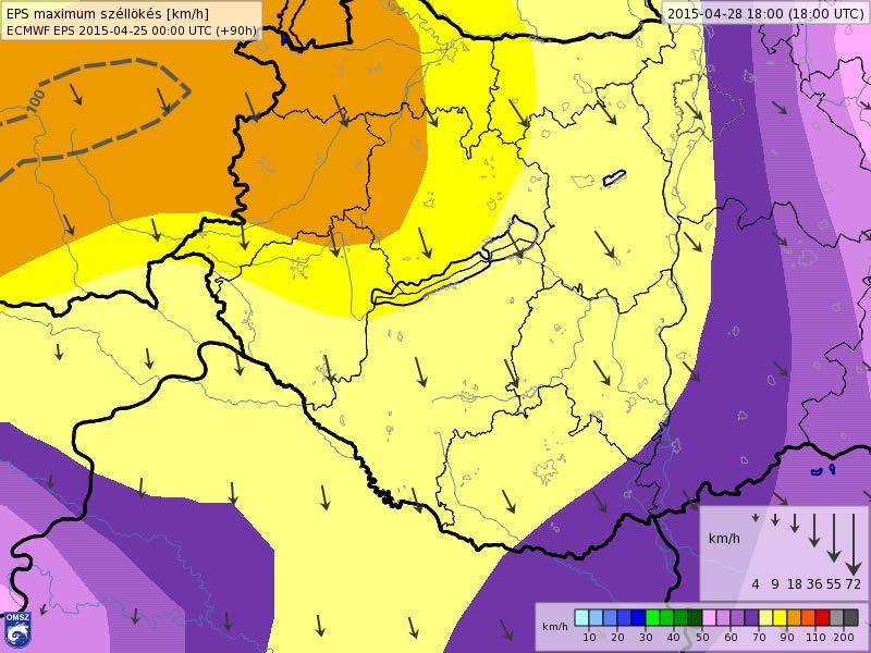 A severe windstorm over Hungary 4 days before the event (Tuesday, 28 April 2015) Maximum gust (70-80