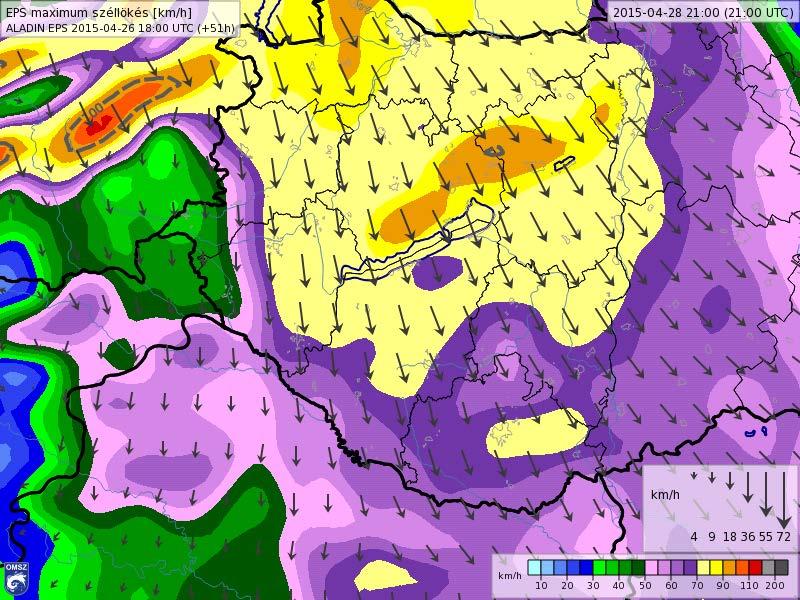 A severe windstorm over Hungary 1 days before the event (Tuesday, 28 April 2015) Maximum gust (70 km/h) ALADIN-EPS: Change!