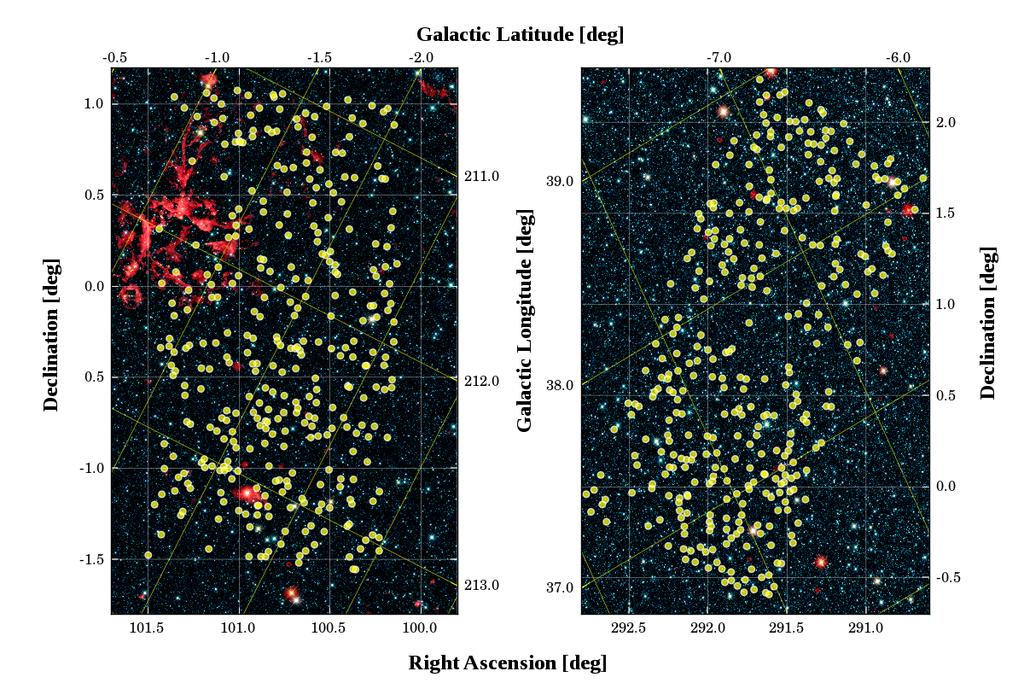 Anders, Chiappini, Rodrigues et al.: Galactic Archaeology with CoRoT and APOGEE Fig. 1. The location of the stars observed with APOGEE in the two CoRoT exo fields LRa01 (left) and LRc01 (right).