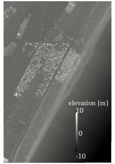 Fig. 3 Constructed CCM, consisting of external shape of structures and ground elevation. GIS data provided by Geospatial Information Authority of Japan and NTT Geospace Corporation is used. Fig.
