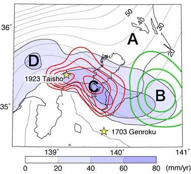 rupture. Fig.2 Pattern of stress release at boundary of North America-Philippine Sea plates based on Geodetic data inversion Fig.