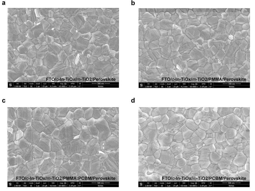 Fig. S3 SEM images of perovskite films deposited on different substrates: a) FTO/c-In- TiO x /m-tio 2. b) FTO/c-In-TiO x /m-tio 2 /PMMA.