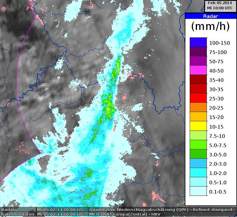 Figure 5 shows that precipitation of moderate intensity fell down in the Rhine-Main area at 10.00 UTC. At Frankfurt airport rain was observed. Radar data confirmed this.