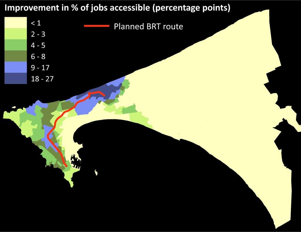 LEVERAGING TRANSPORT SYSTEMS TO IMPROVE MOBILITY AND ACCESSIBILITY: THE EVIDENCE Estimated impact of the planned Dakar BRT on employment accessibility 59% of the city s jobs accessible within 1 h of
