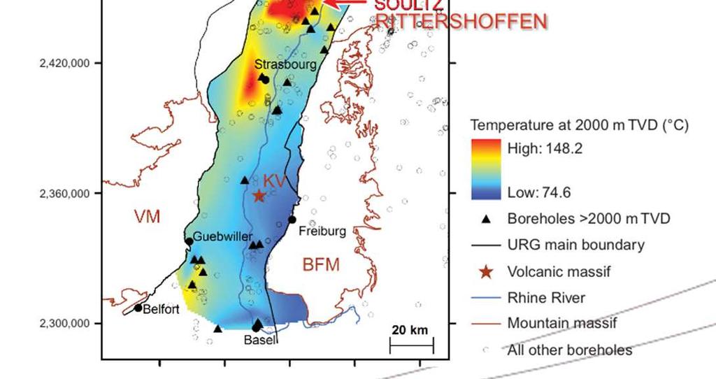 Context of the study Several thermal anomalies in Upper Rhine Graben (Europe) associated with hydrothermal circulations in the Triassic clastic sediments and Paleozoic crystalline basement Geothermal