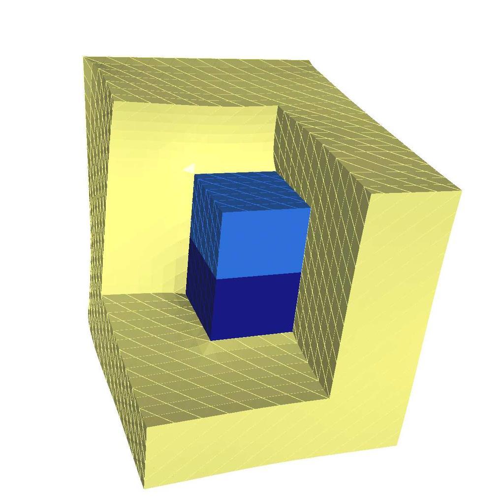 126 CHAPTER 5. HETEROGENEOUS ELASTICITY Figure 5.1 Two stiff cubic subdomains sharing a face surrounded by softer material. Left: Unit cube. Right: Unit cube cut open with two stiff subdomains inside.