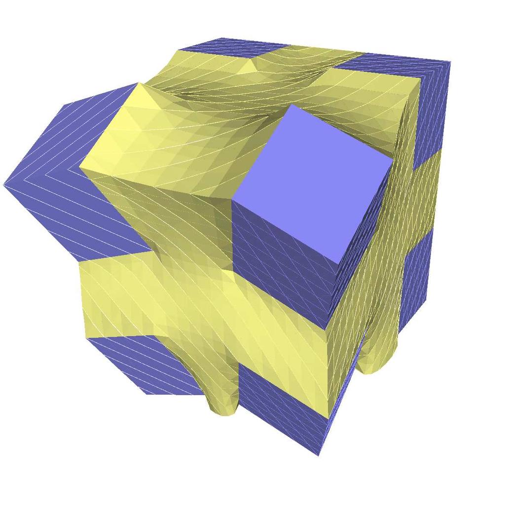 132 CHAPTER 5. HETEROGENEOUS ELASTICITY Figure 5.7 Unit cube decomposed into 9 stiff subdomains, sharing only vertices, and 18 soft subdomains. Left: Deformation showing stiff and soft subdomains.