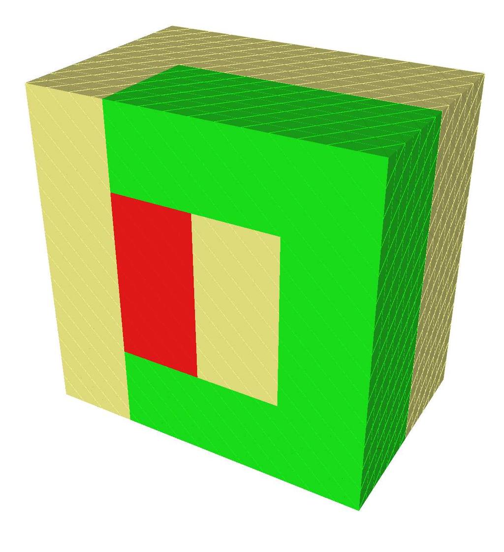 Cubes cut open to see the two relevant subdomains and the path (lower images).