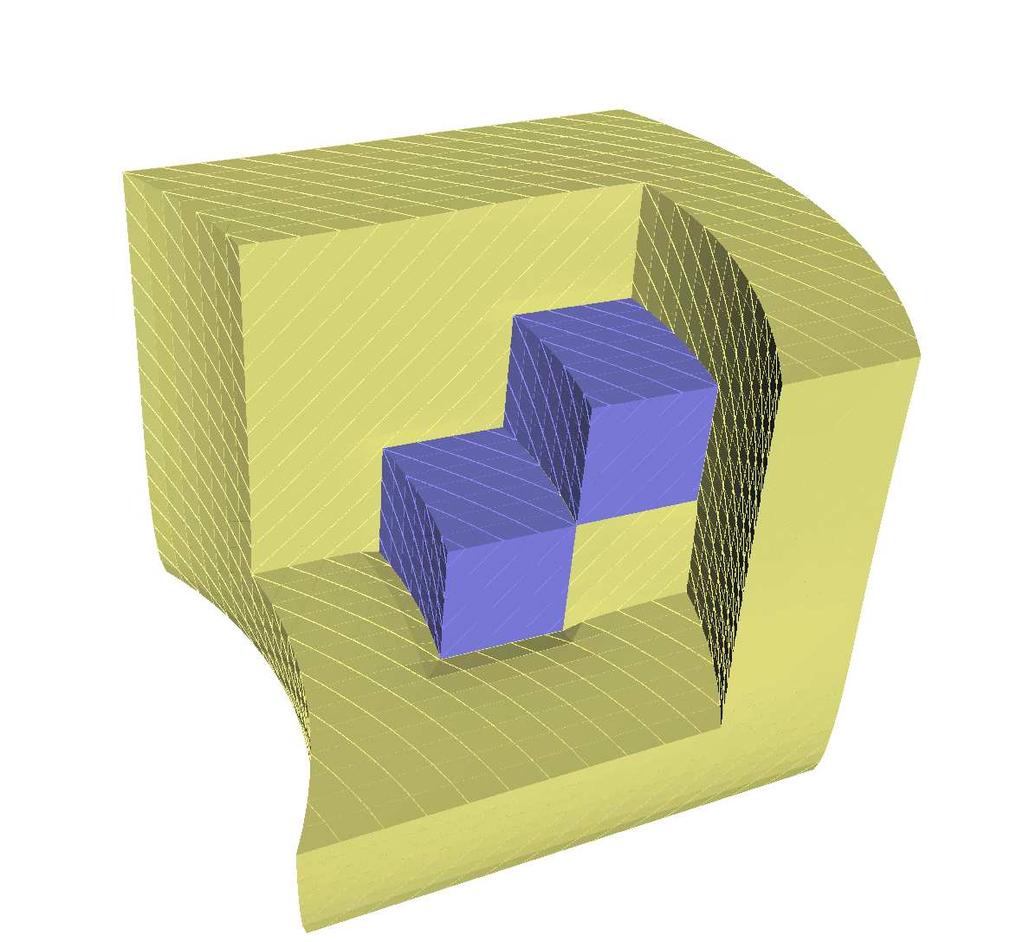 5.4. CURVED EDGES 135 Figure 5.9 Deformed unit cube (radius of curvature = 1) with two deformed stiff subdomains sharing a curved edge surrounded by softer material.
