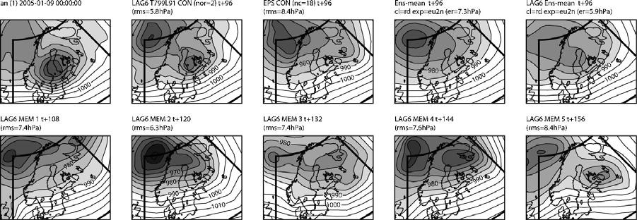 (3 rd panel) and ensemble-mean forecasts (4 th panel), and EPS51 member with smallest rmse inside verification region (5 th panel).