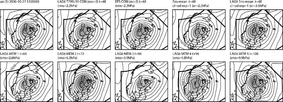 control (3 rd panel) and ensemble-mean forecasts (4 th panel), and EPS51 member with smallest rmse inside verification region (5 th panel).