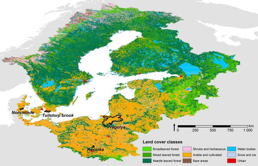 Figure 3-14: Land cover classes in the Baltic Sea basin, with case study catchment locations outlined. Simplified classification based on Global Land Cover 2000 data (Bartholomé and Belward, 2005)