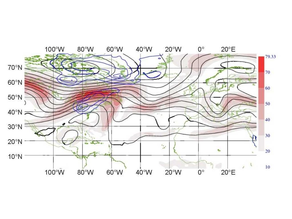 foundland. The jet stream at 200 hpa develops a distinct ridge. The analysis error variance in observations space, FIG. 6: ECMWF analysis for 15 September 00 UTC, i. e. during the life-cycle of Ike.