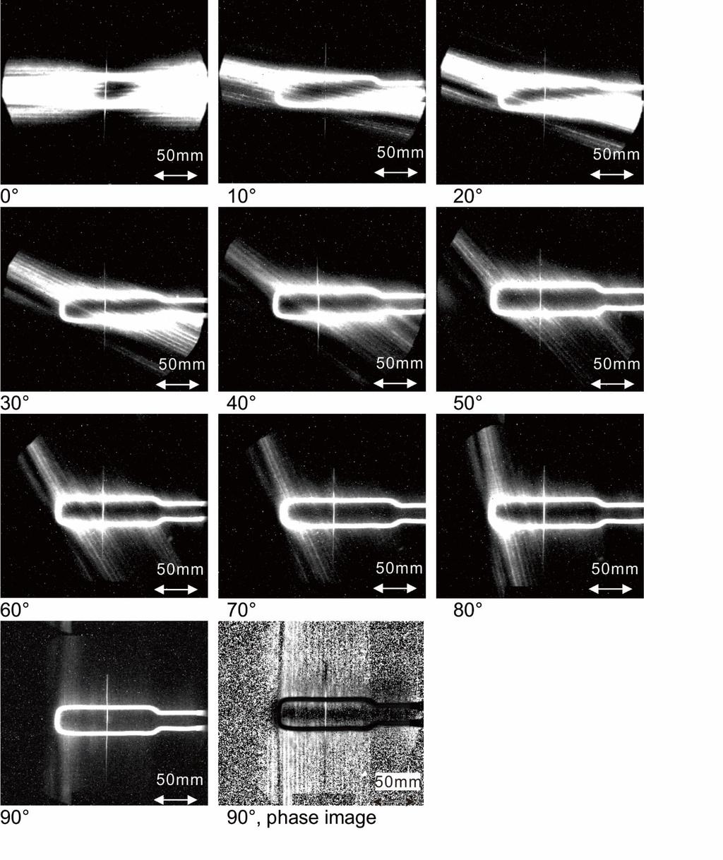 Fig. 3. Thermographic amplitude images of the uni-axial sample for various rotation angles β. For β=90, a phase image is shown in addition.