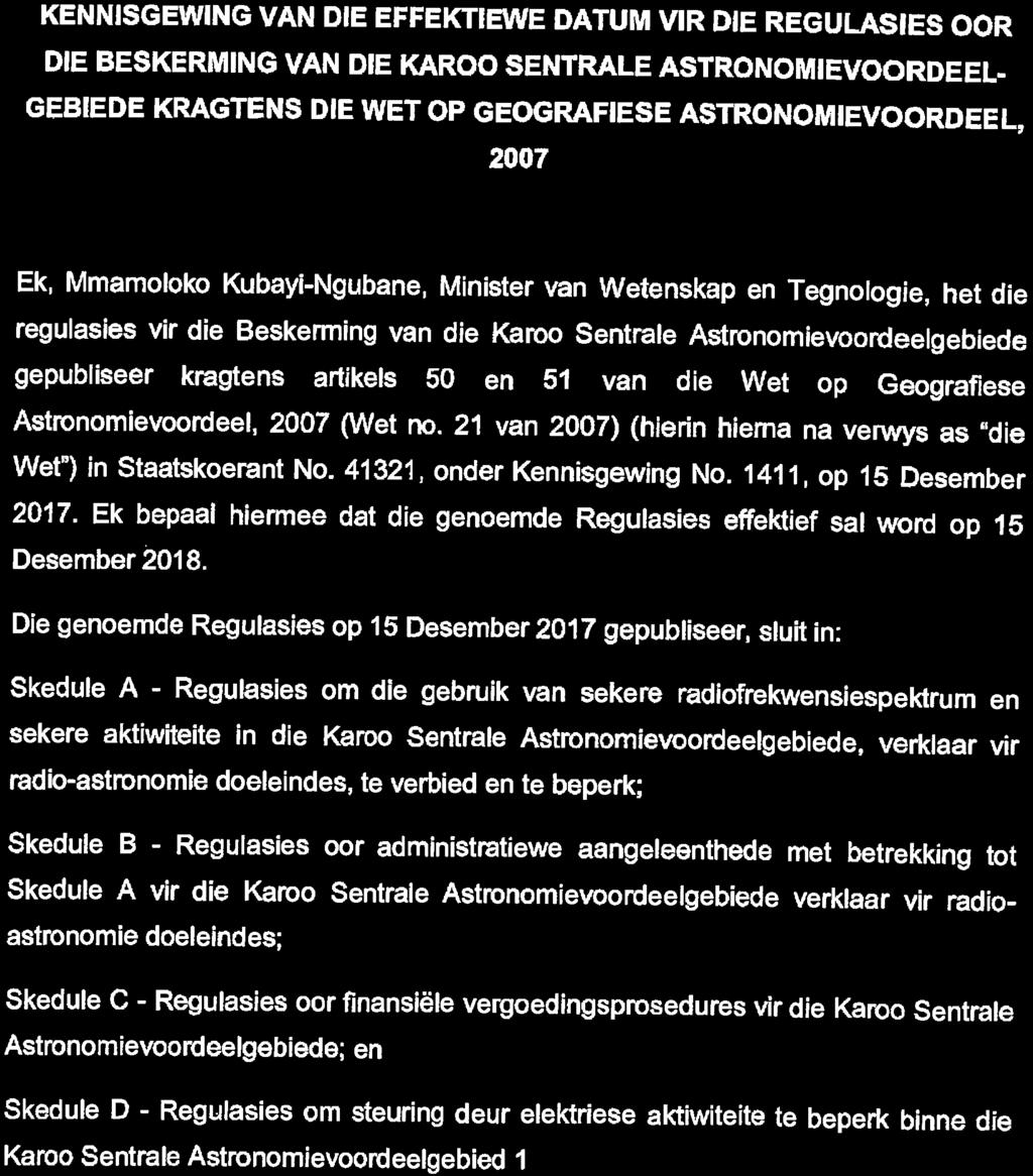 939 Wet op Geografiese Astronomievoordeel (21/2007): Kennisgewing van die effektiewe datum vir die regulasies oor die beskerming van die Karoo Sentrale Astronomievoordeel-gebiede kragtens die Wet