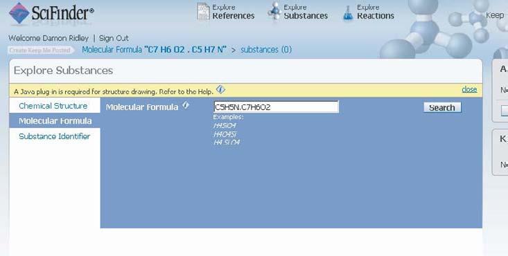 Explore by Chemical Substance 87 Figure 4.6 Molecular Formula search screen. The example shows an entry for a multicomponent substance (molecular formula for pyridinium tosylate).