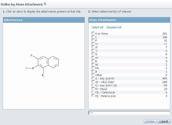 108 Information Retrieval: SciFinder Figure 5.13 Refine: Atom Attachment screen, which shows substituents in answers at positions left open in the query structure.