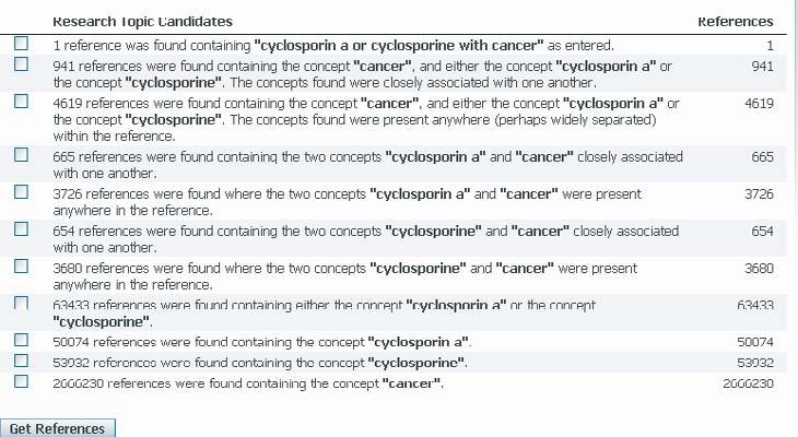 Additional Search and Display Options 131 Figure 6.9 Candidate screen from Explore References: Research Topic cyclosporin a or cyclosporine with cancer.