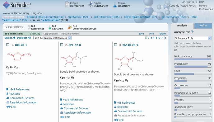 Additional Search and Display Options 137 Figure 6.11 Structure query to start a search for references that looks for furanones with activity against gram positive bacteria.