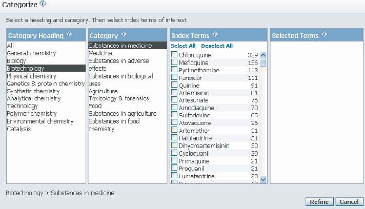 Additional Search and Display Options 139 Figure 6.13 Example of screen obtained in Categorize for search on drug resistant malaria parasites.