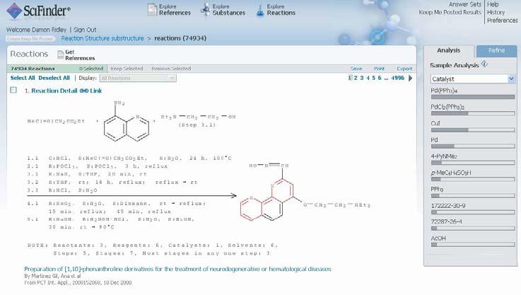 160 Information Retrieval: SciFinder Figure 7.7 Initial reaction answer screen for search Entry 3,