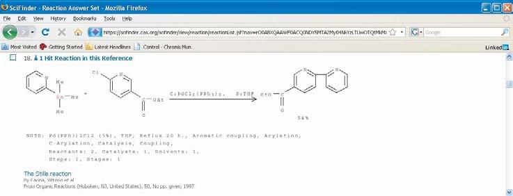 162 Information Retrieval: SciFinder Figure 7.10 An answer obtained when the answer set shown in Figure 7.7 is refined with the structure query: Sn (reactant/reagent). See Entry 4 in Table 7.