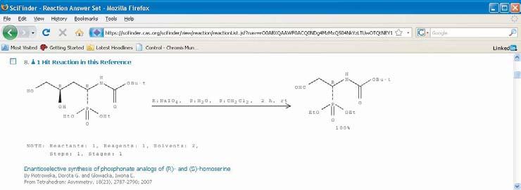 166 Information Retrieval: SciFinder Figure 7.15 The functional group query in Figure 7.14 has been modified so that only reactions also containing a nonreacting phosphonate group are retrieved.