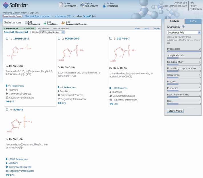 Databases in SciFinder 37 To access CHEMLIST data the user needs first to find the chemical substance in REGISTRY and then to click on the link labelled Get Regulatory Information.