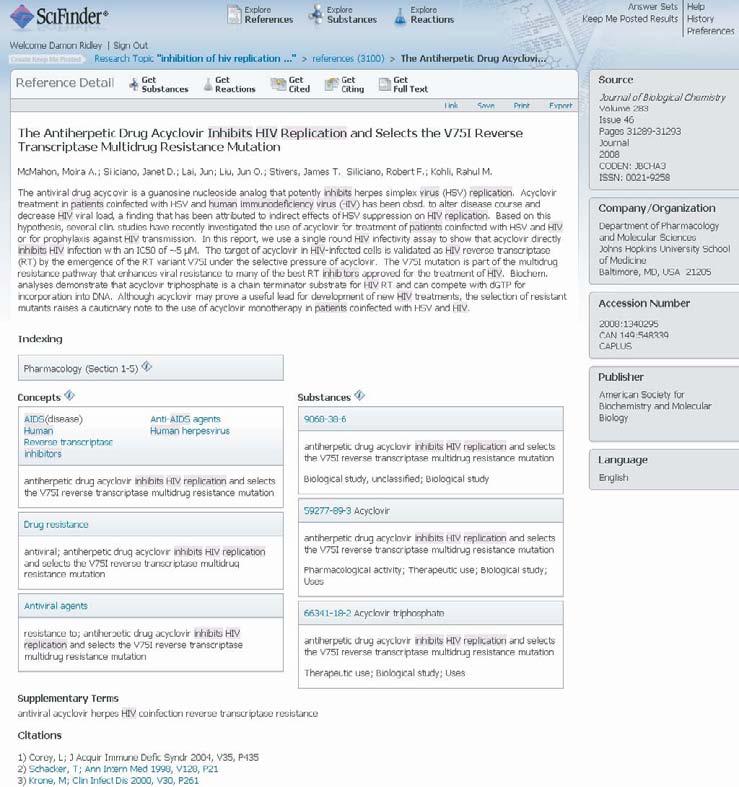 Explore by Research Topic 67 Figure 3.9 Screen for a single record in CAPLUS (only the first three of 37 citations in the record are shown).