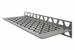 Their trapezoid perforated anchoring legs are integrated into the tile assembly during tile installation.