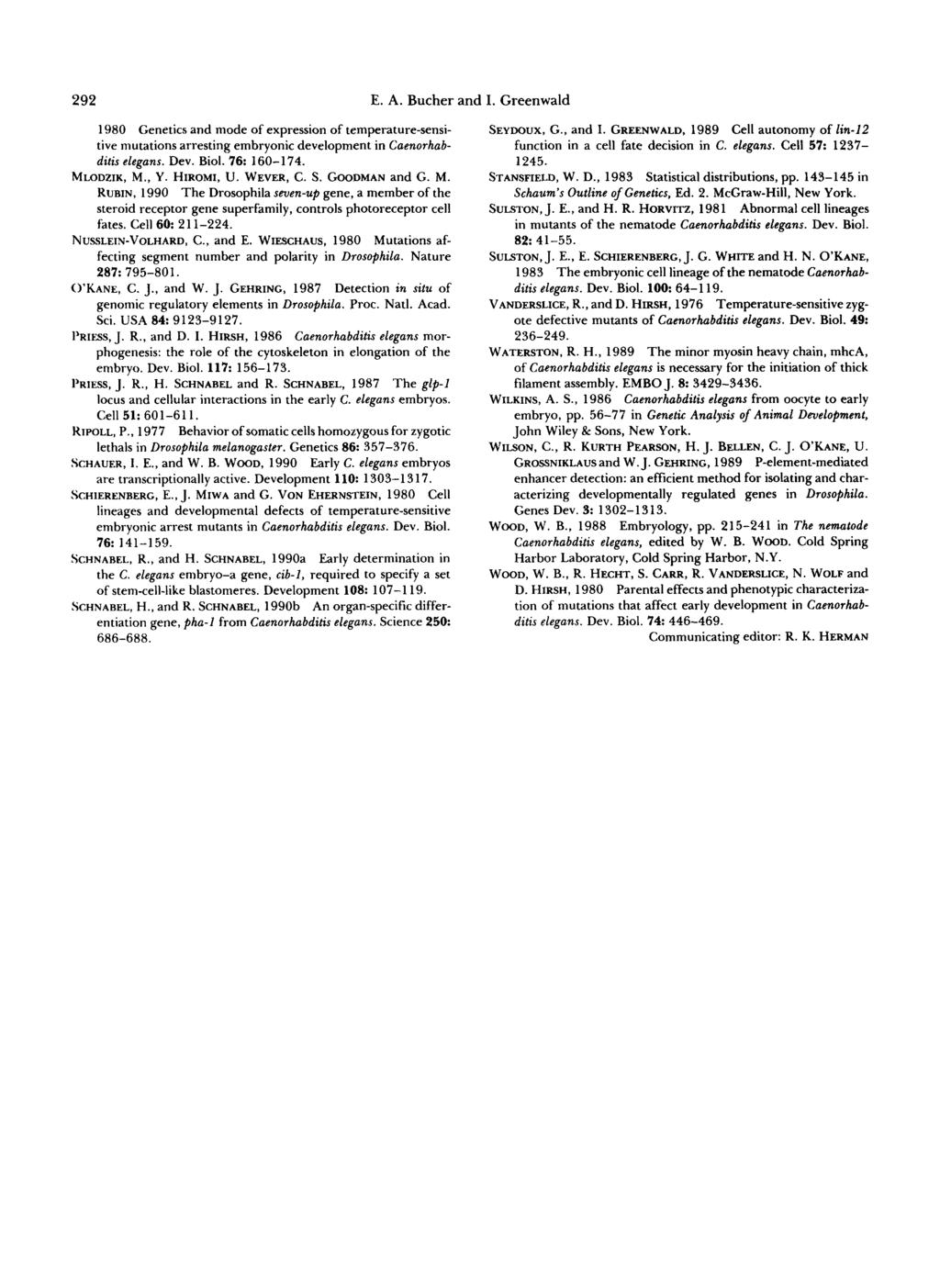 292 E. A. Bucher and I. Greenwald 1980 Genetics and mode of expression of temperature-sensitive mutations arresting embryonic development in Caenorhabditis elegans. Dev. Biol. 76160-174. MLODZIK, M.