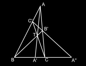 Lema 7. Dan je trokut ABC i točka T unutar trokuta. AT siječe pravac BC u točki A 1. Točke B i C definiramo analogno. Neka je A sjecište pravaca BC i B C i pretpostavimo da je C između B i A.